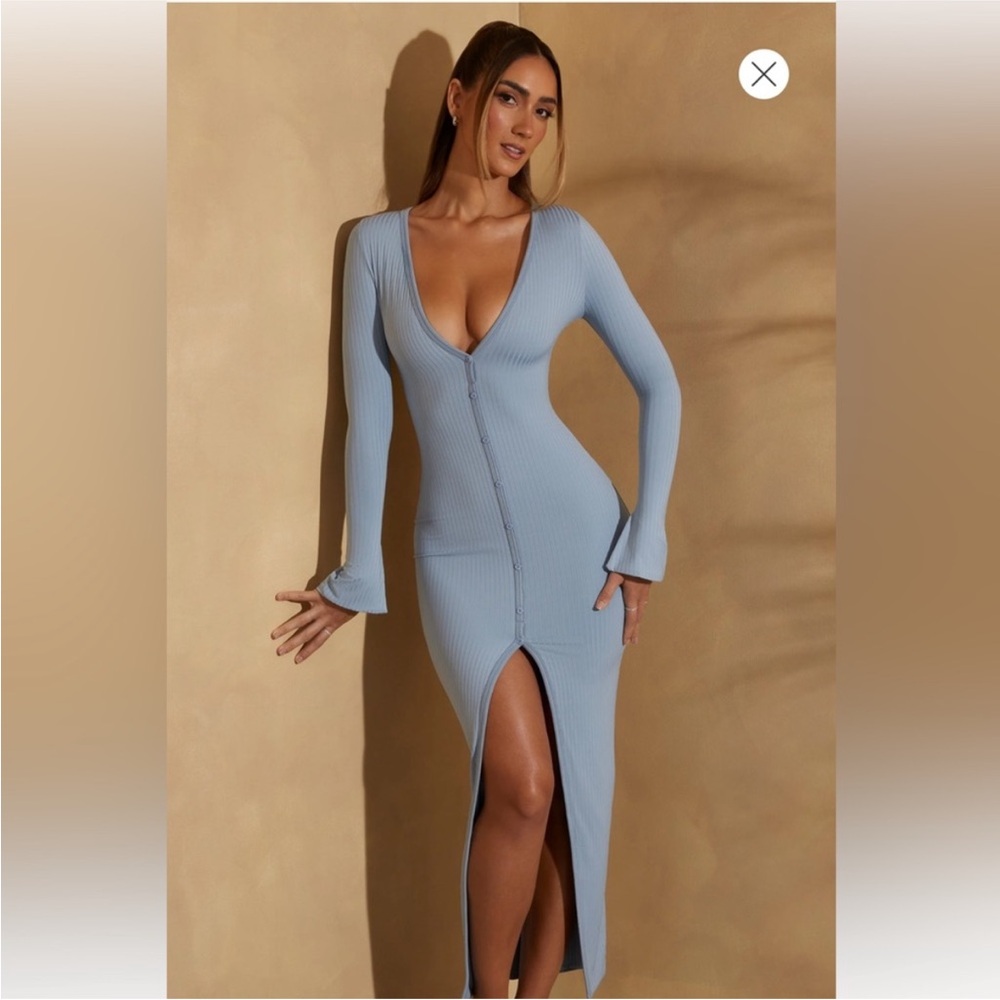Ribbed Long Sleeve Button-Up Maxi Dress - Light Blue
